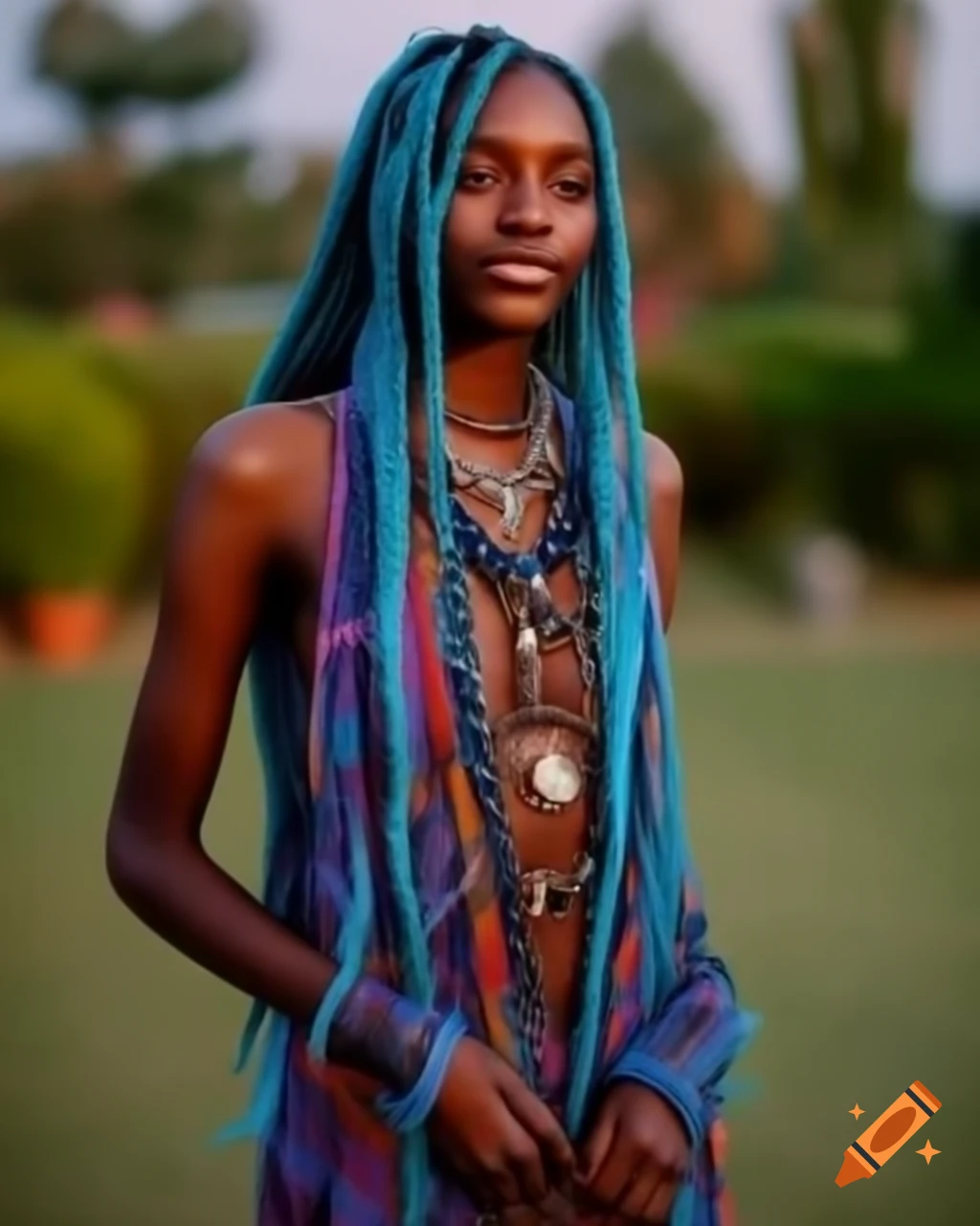 Young woman in colorful hippie dress with accessories, smiling gently