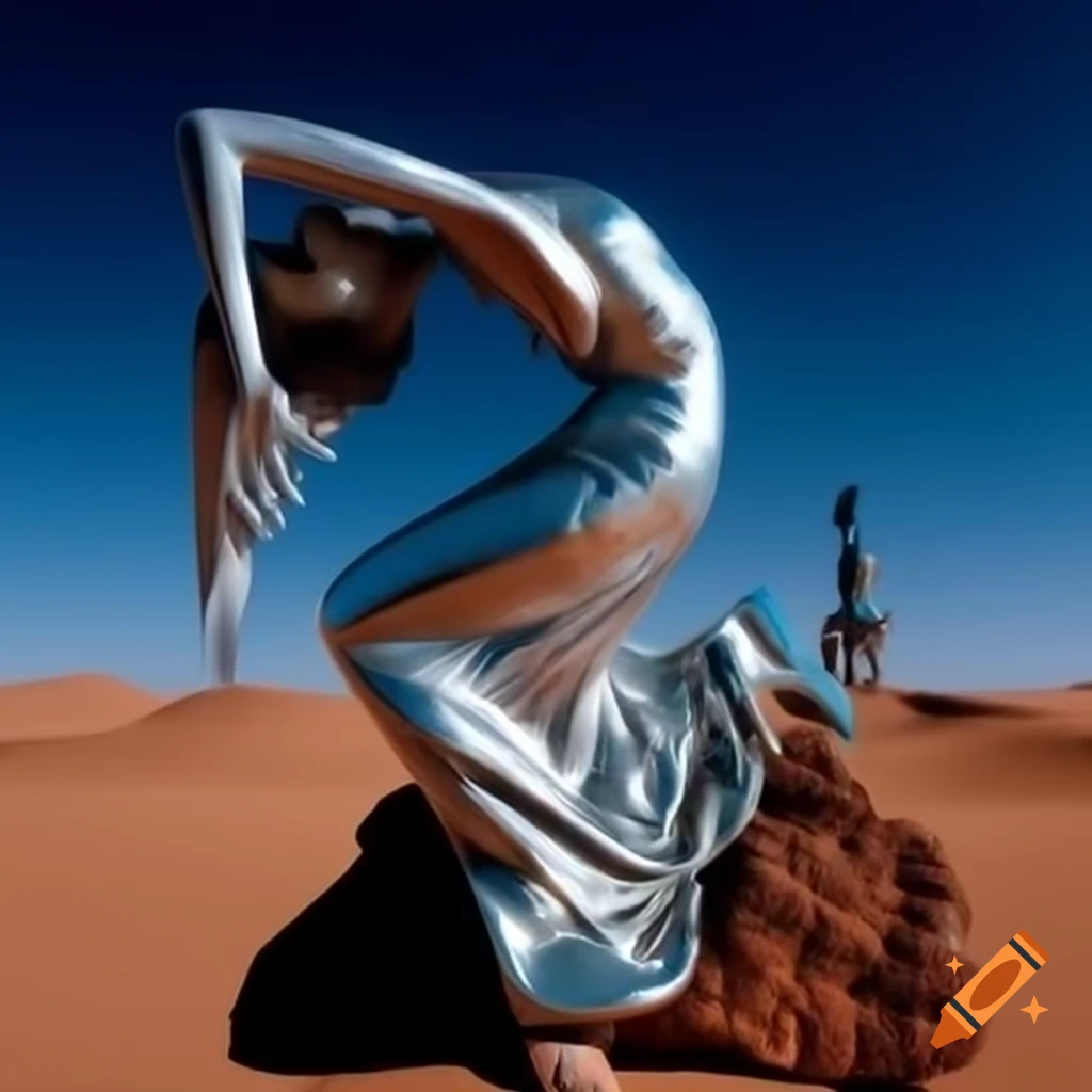 Surreal 2000's photograph of a woman statue in silver on a stone desert