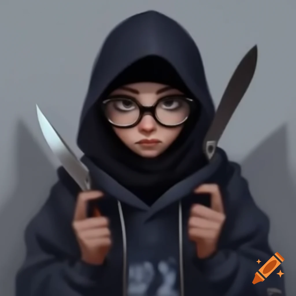 Person wearing hijab and glasses in a hoodie holding a knife from above angle