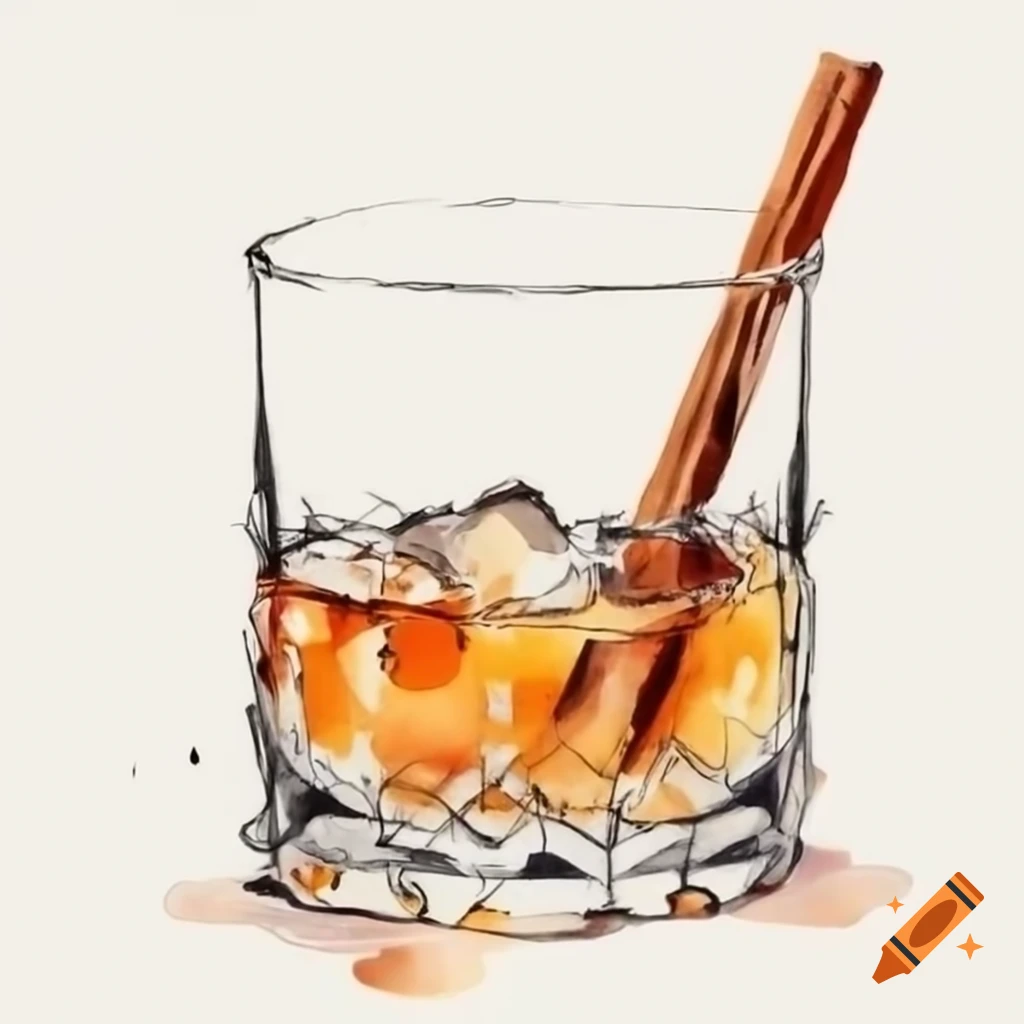 Minimalist watercolor of glass tumbler with rum and coke and cinnamon stick