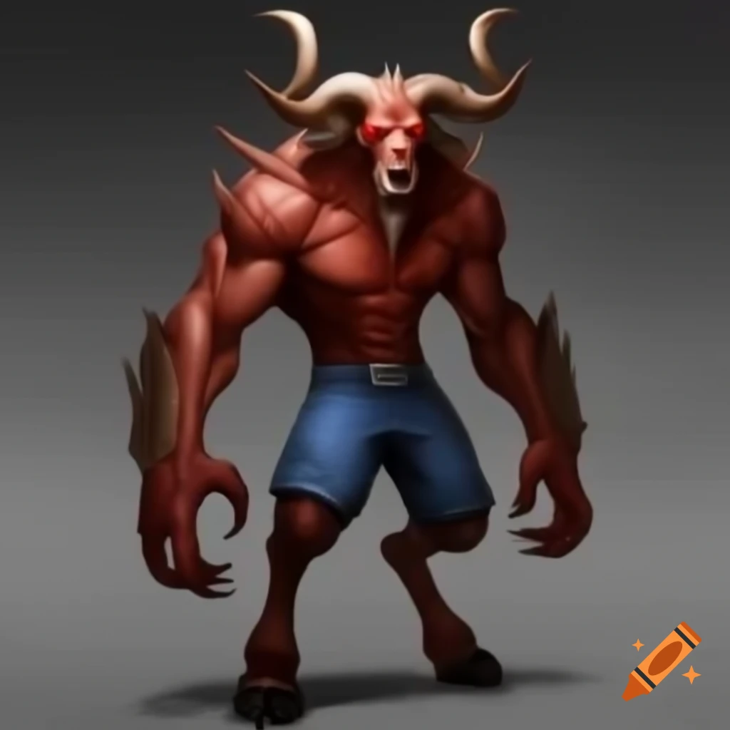 Strong goat-headed demon with large horns and muscular legs wearing tennis shoes