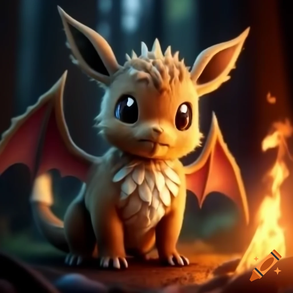 Eevee-inspired dragon in a burning forest