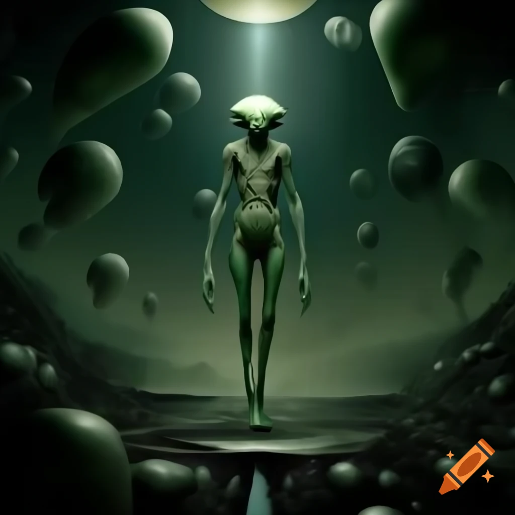 Realistic depiction of an alien in beam of light from UFO, slender body and large black eyes