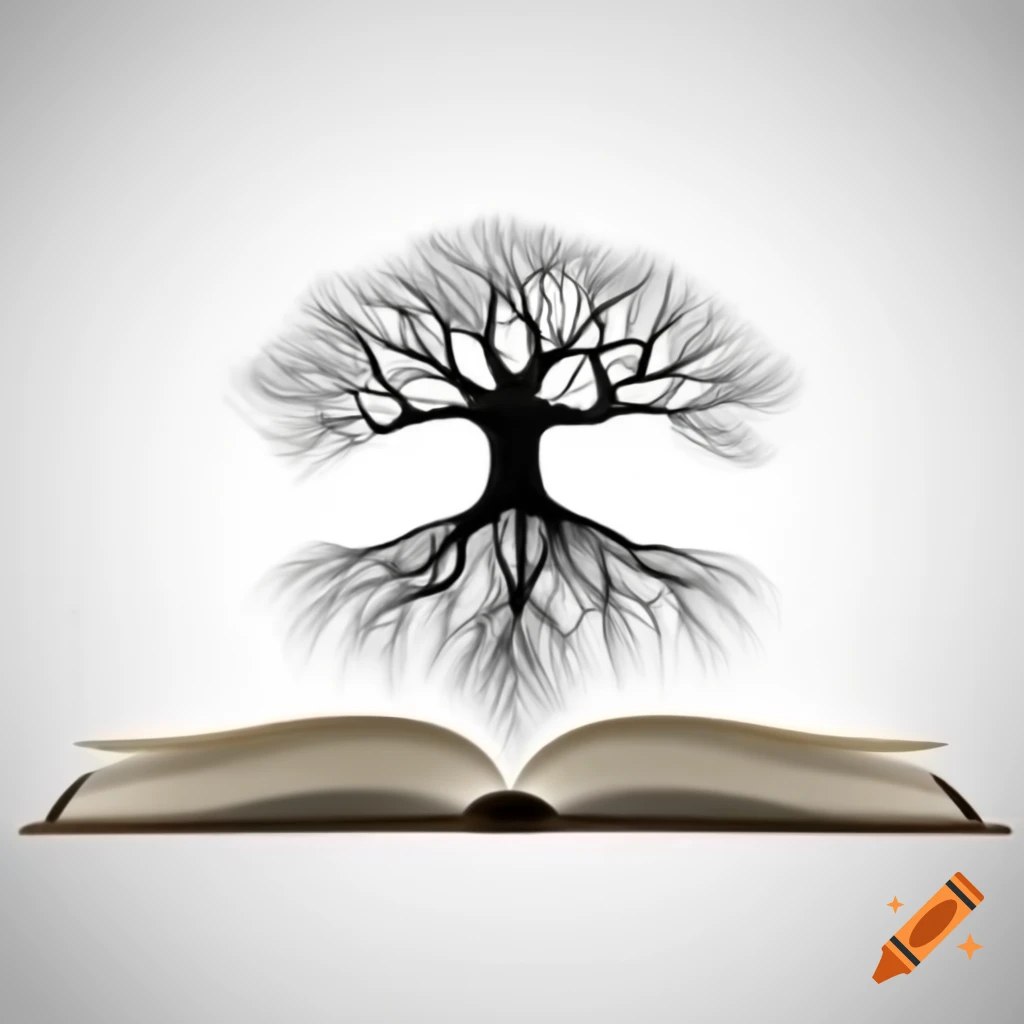 Five-branched tree silhouette against white background with roots in manuscript book