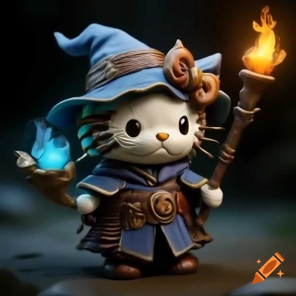 Hyper-realistic Hello Kitty Tabaxi wizard character for Dungeons and Dragons