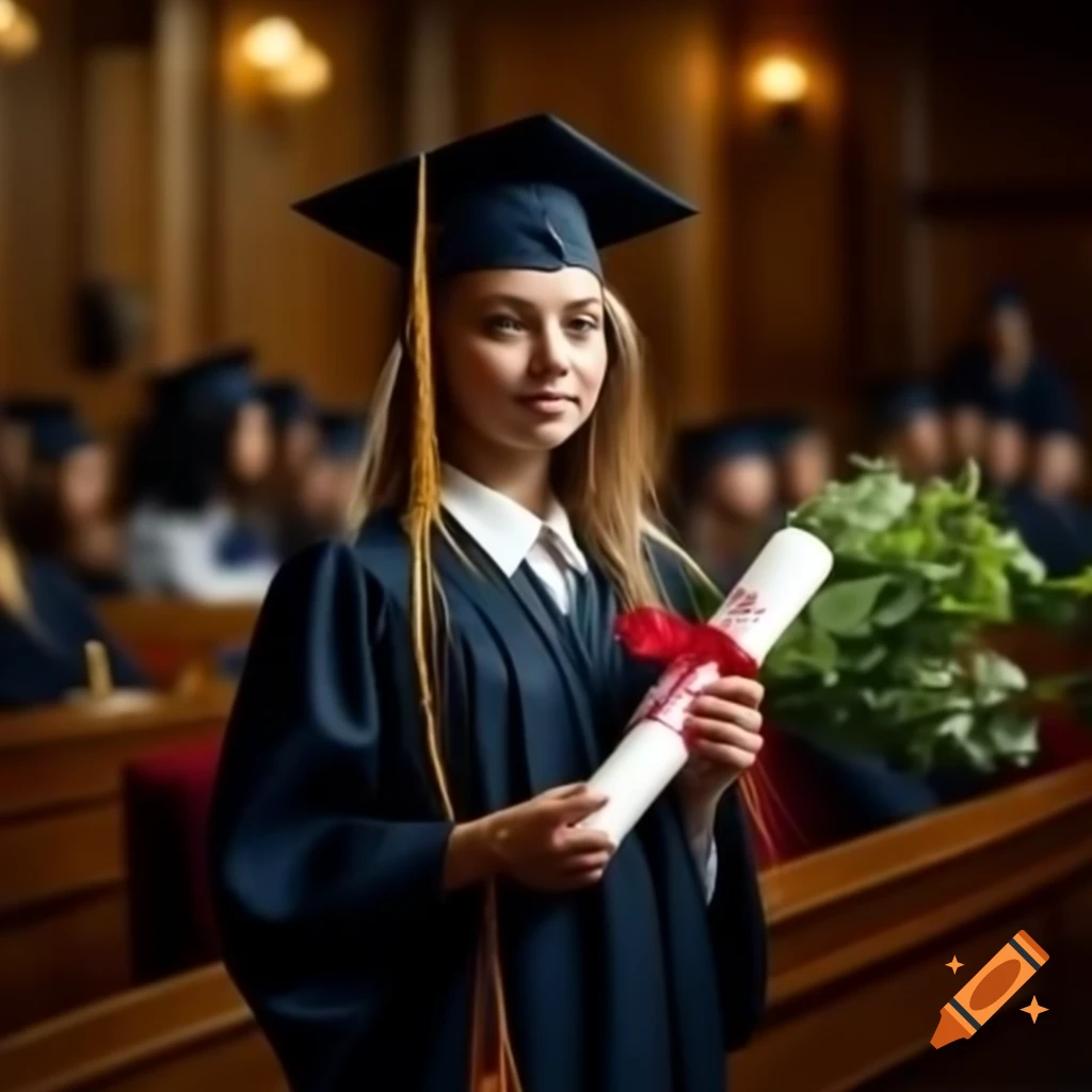 Full body portrait of a graduate girl holding bouquet and certificate in a blurred hall