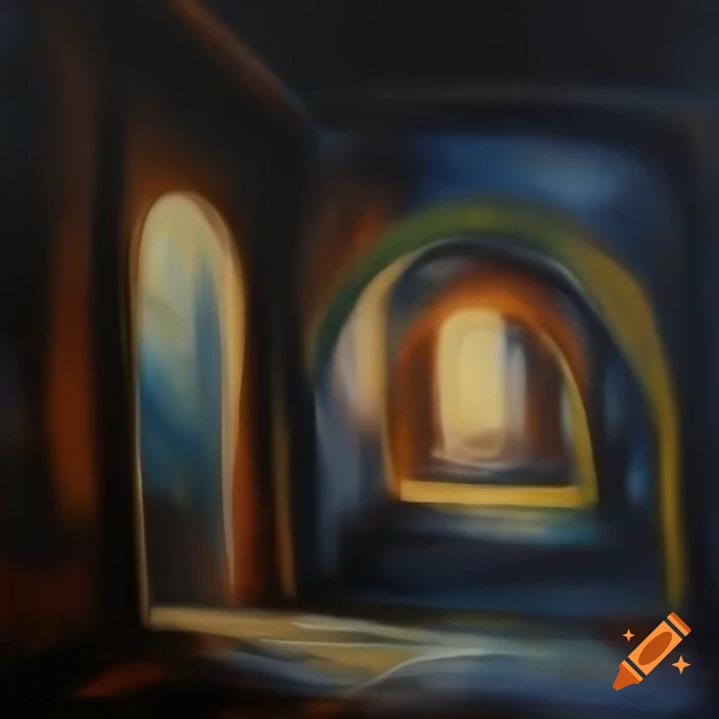 Abstract expressionistic oil painting depicting secrets and mystery in architecture