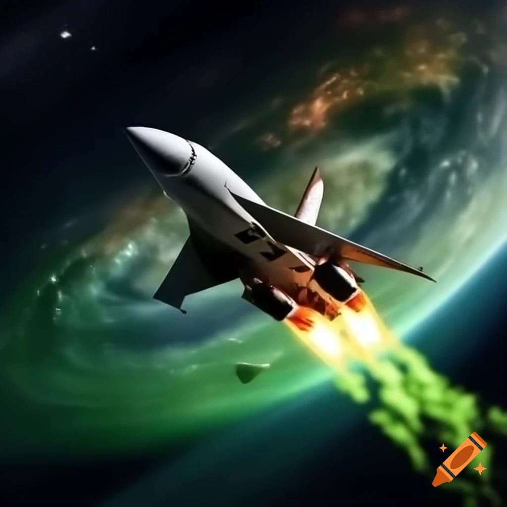 Rocket ship flying into the universe with green flames