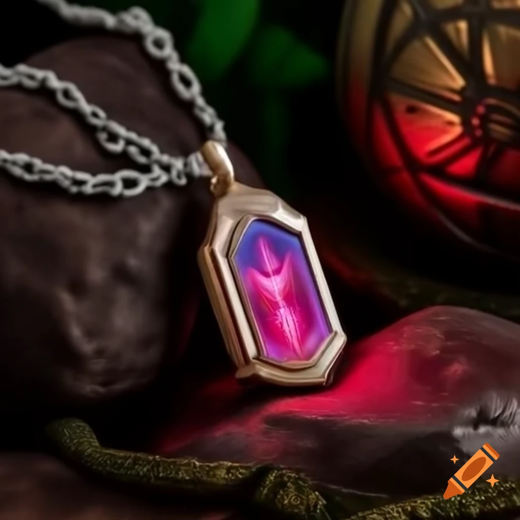 Shimmering amulet with arcane enchantment radiating pink-red light