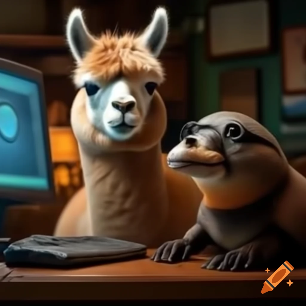 Llama and platypus interacting with a computer