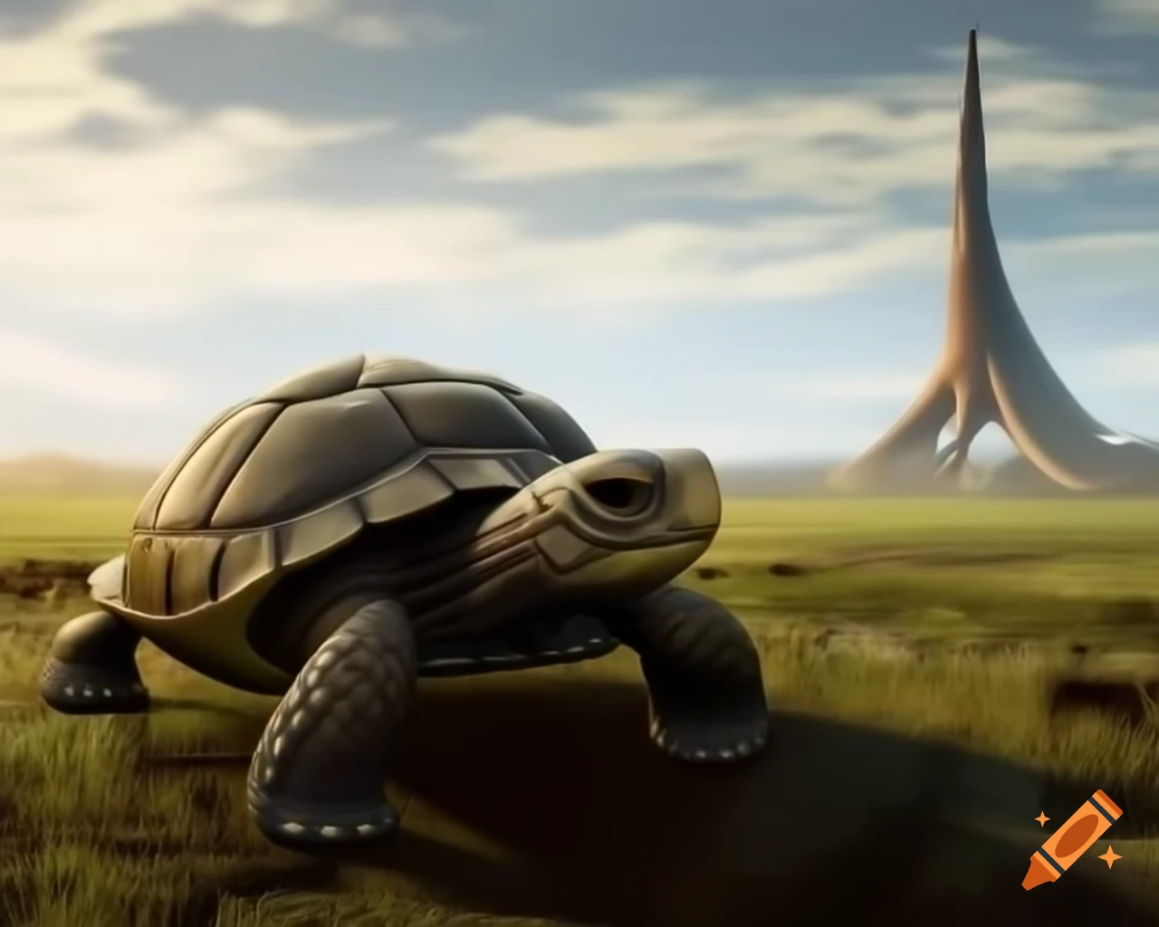 Sun-bronzed turtle with urban architecture on its shell, expansive liquid plains
