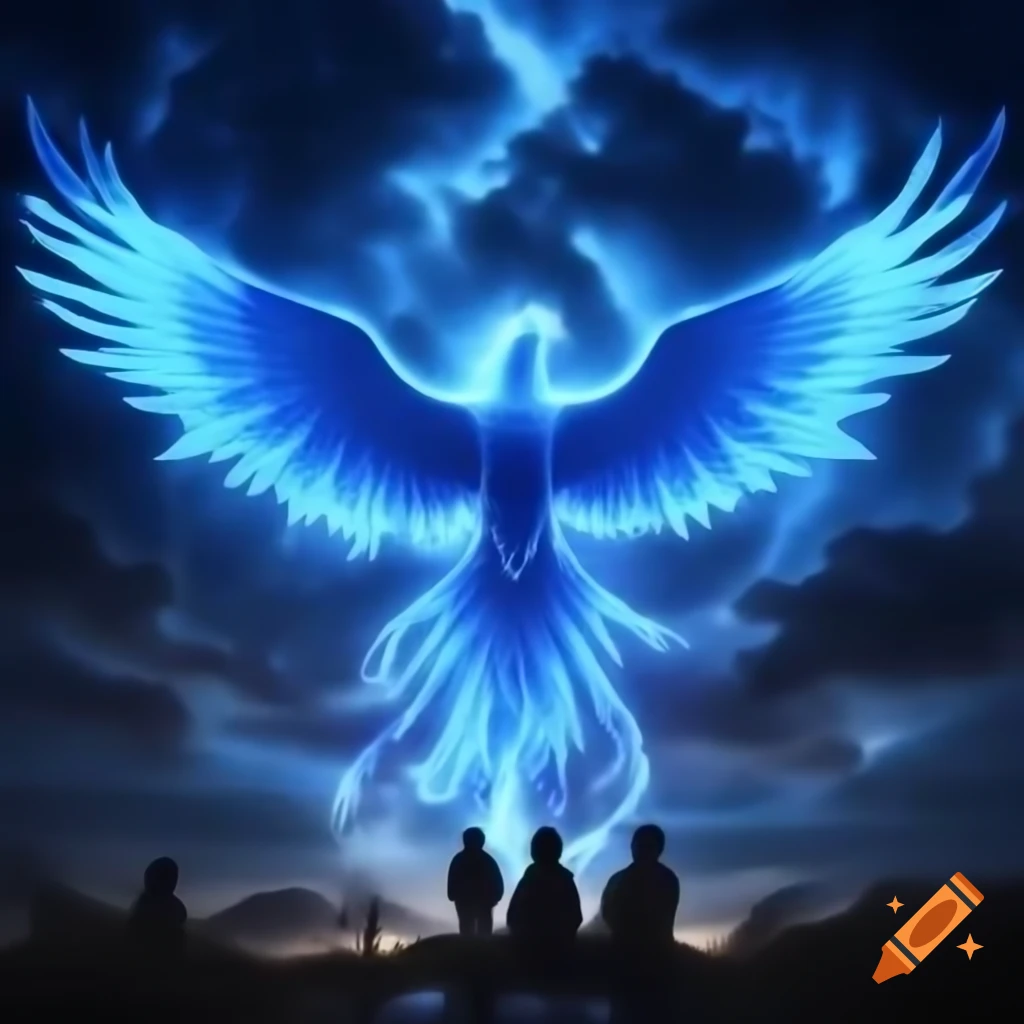Sky blue phoenix flying in black sky, illuminating surroundings with people watching below
