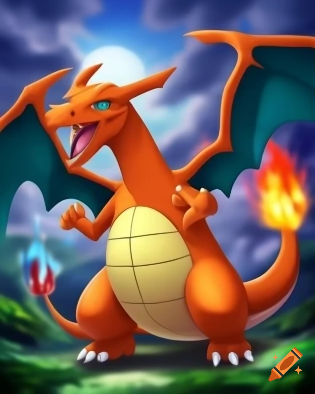 Charizard, a dragon-like Pokémon characterized by its fiery wings and fierce appearance