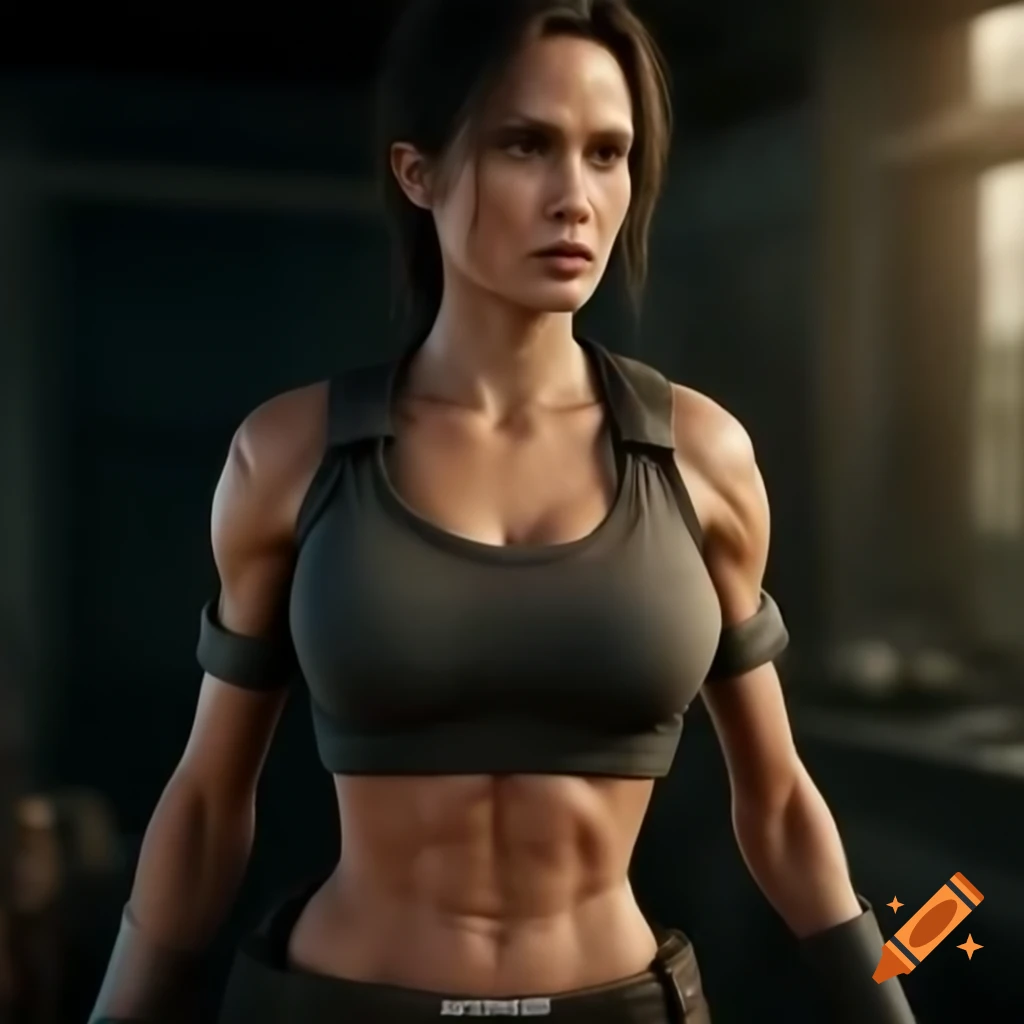Portrait of Lara Croft, inspired by Angelina Jolie, highlighting an empowering athletic physique