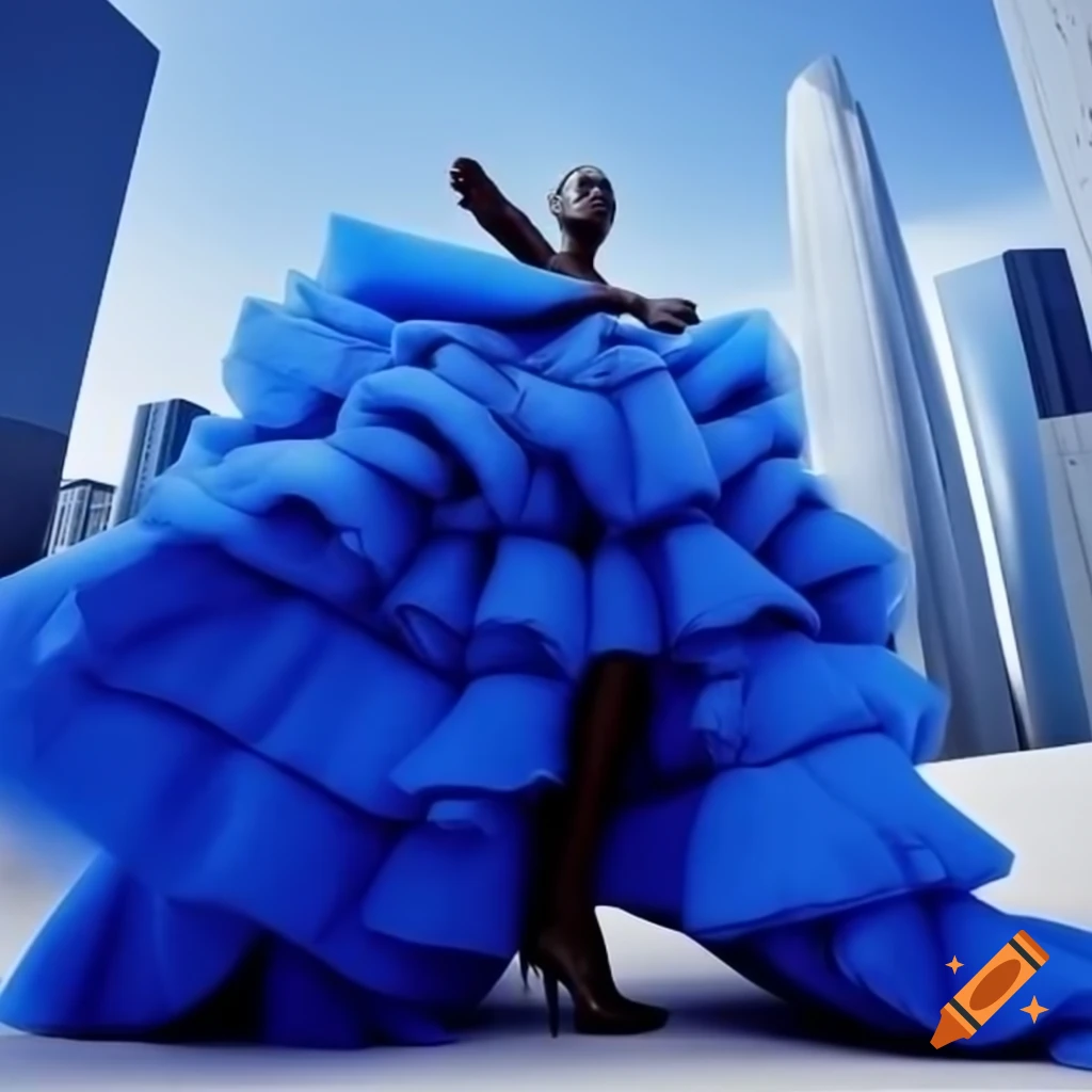 High-fashion model in avant-garde dress in futuristic cityscape, Vogue style