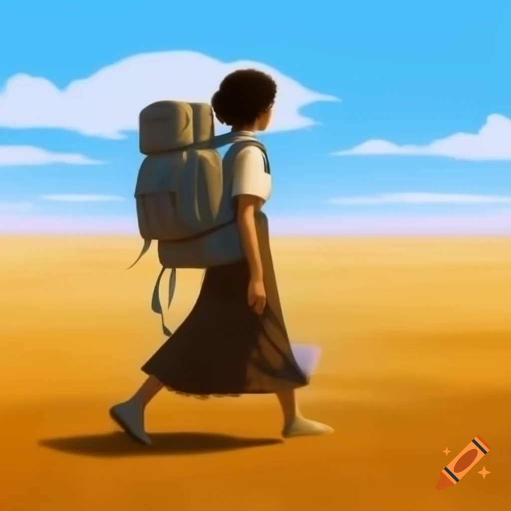 Woman with backpack in vast landscape, digital art style