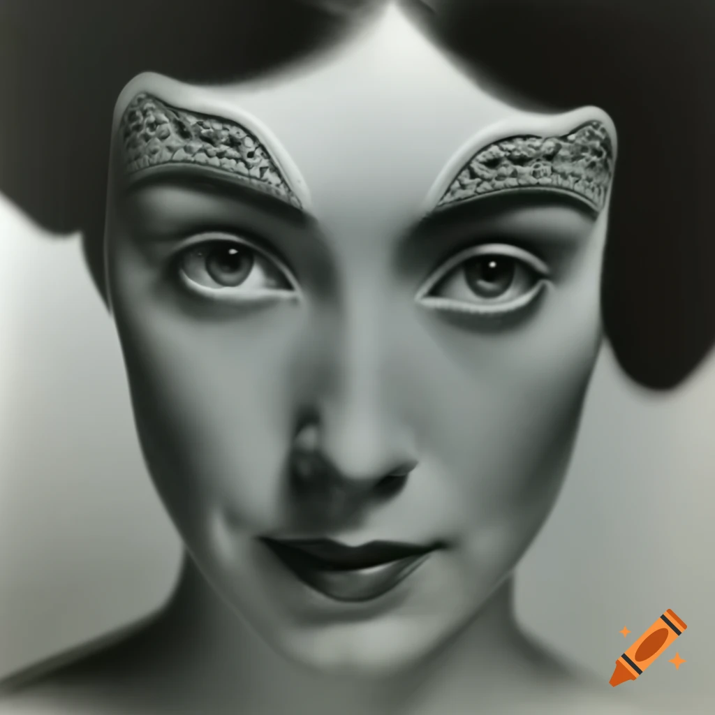 Hyper-realistic portrait of a beautiful 1954 classic alien female with grey skin and black eyes