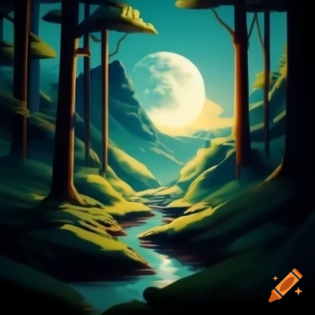 Digital painting of 'Forestmeet of the Peasant’s Moon' in Keyforge art style