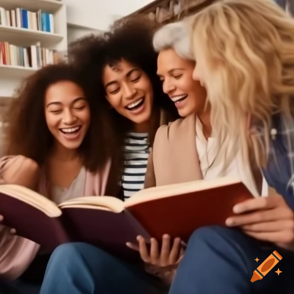 Group of laughing women reading books together
