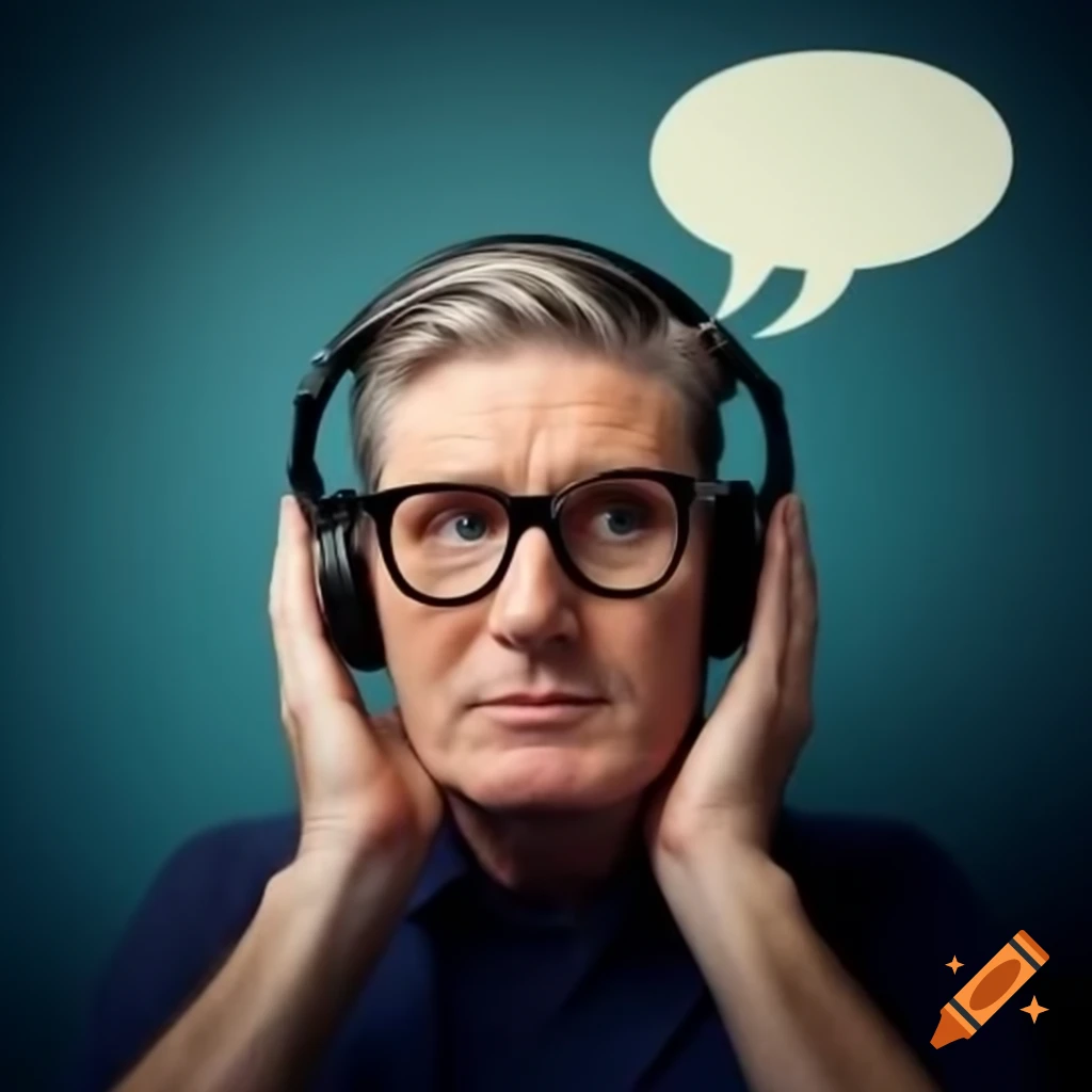 Sir Keir Starmer wearing headphones and glasses with a speech bubble