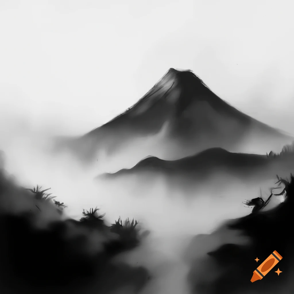 Monochrome ink painting of misty Songshan mountain
