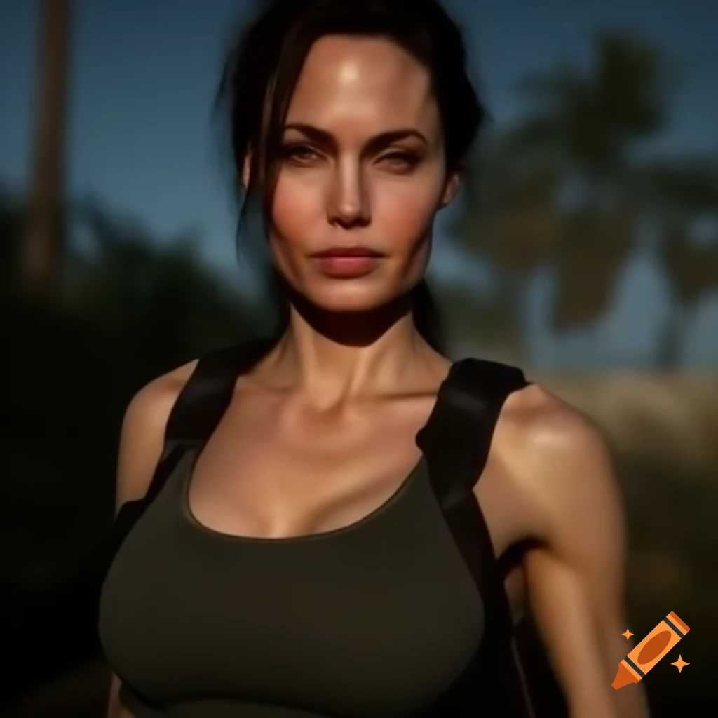 Stunning portrait of Angelina Jolie as Lara Croft, showcasing empowering athleticism
