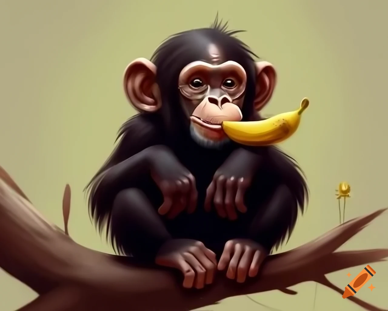 Mischievous chimpanzee peeling golden banana on weathered log, watercolor style