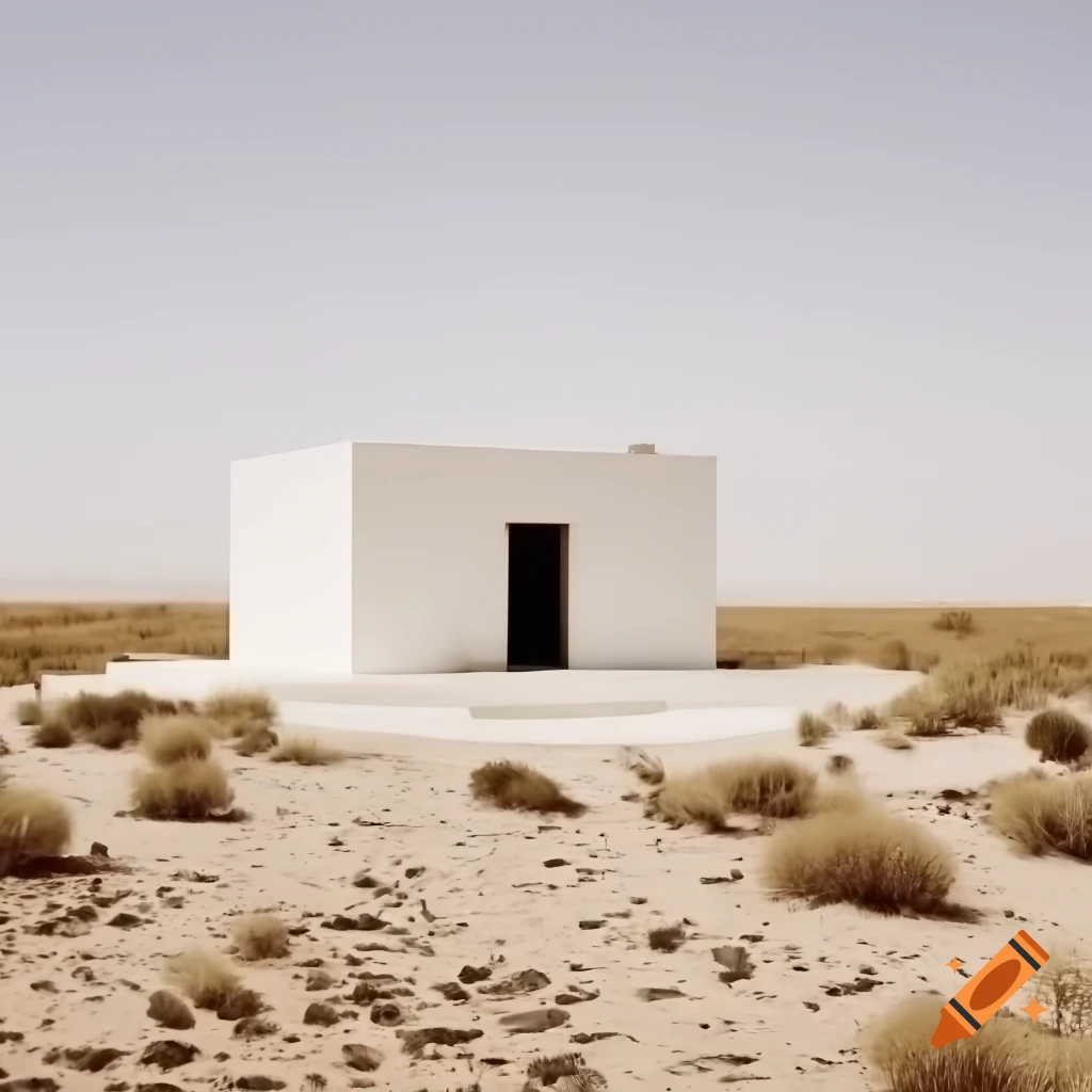 Small stone house in rocky desert landscape with murky sky