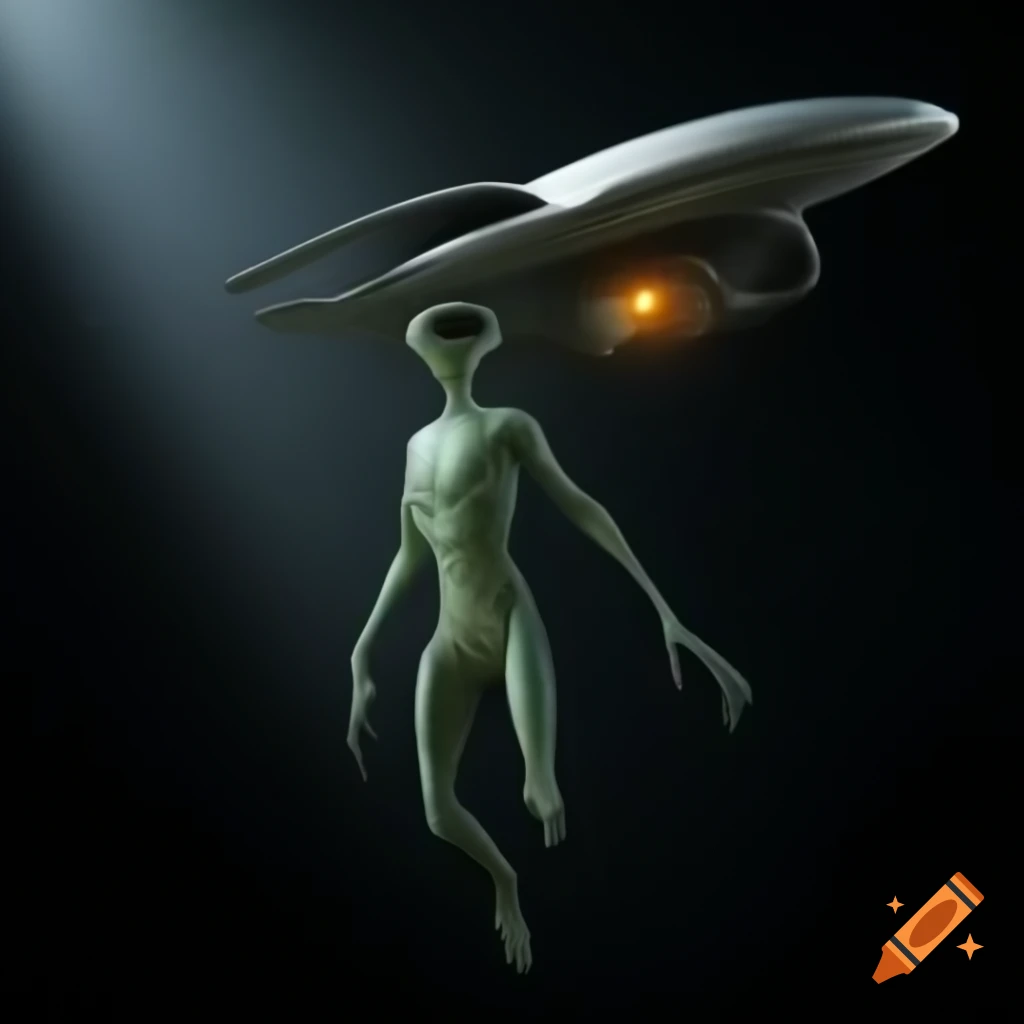 Realistic alien in beam of light from UFO, slender humanoid with gray-green skin and large black eyes