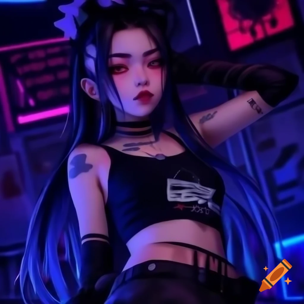 Punk-inspired slender young woman in dystopian fashion, showcasing midriff