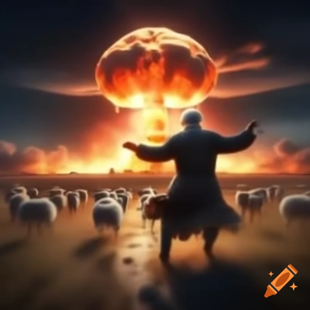 Old man dancing the Lambada in front of a nuclear explosion