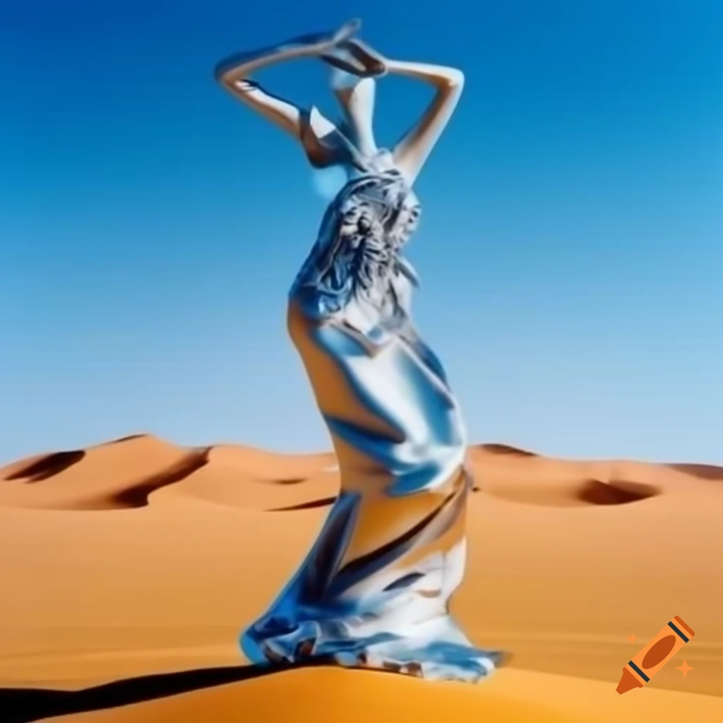 Pop surreal photography of silver statue woman in desert, 2000s style