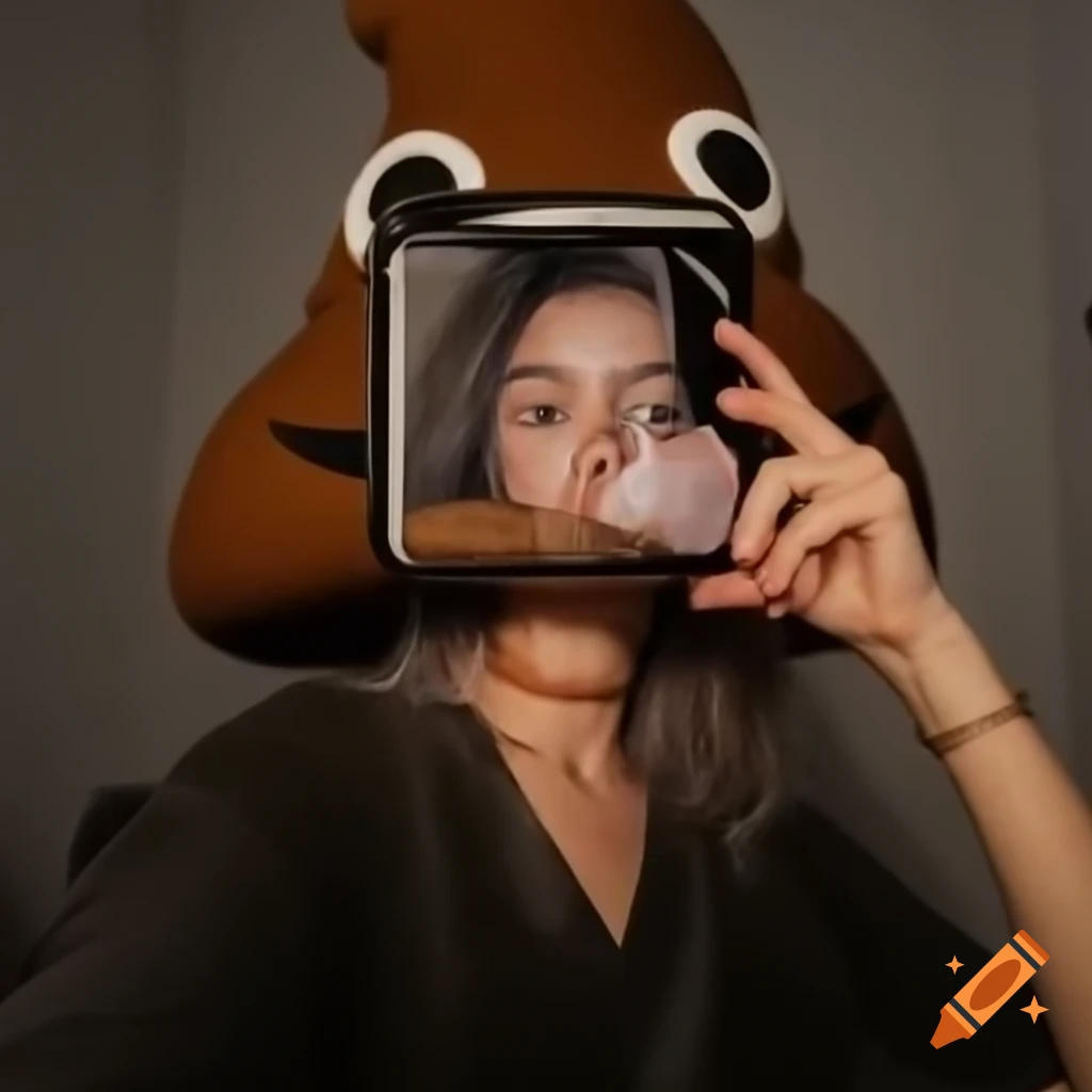 Woman wearing humorous poop-themed hat in selfie