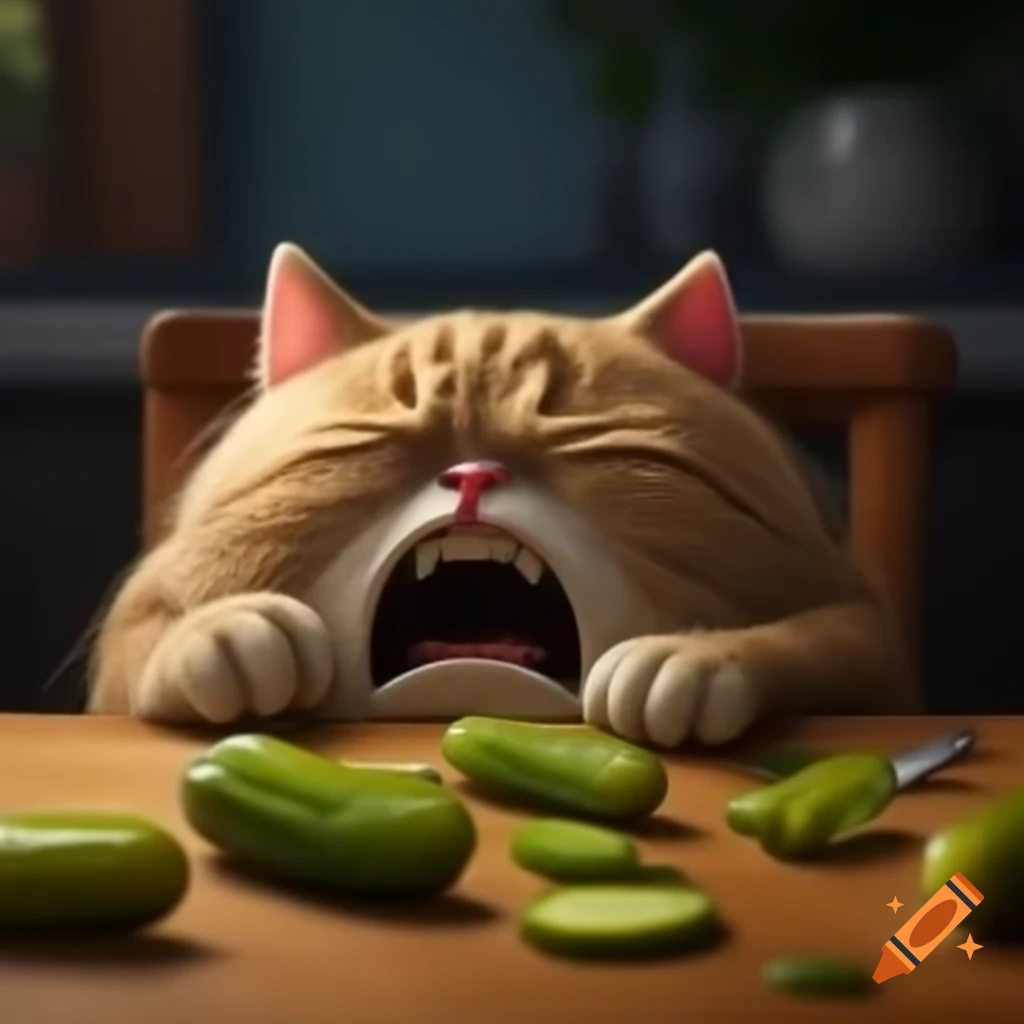 Crying cartoon cat scared of pickles