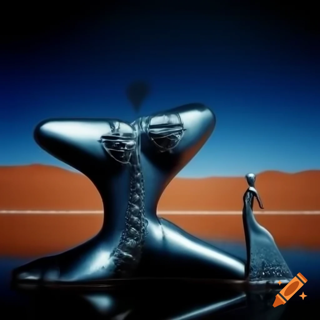 Pop surreal photography of silver statue woman in desert near dark lake