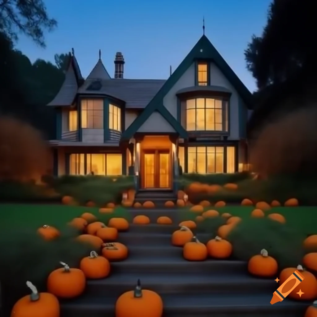San Francisco style house in woods with warm glowing windows and pumpkins
