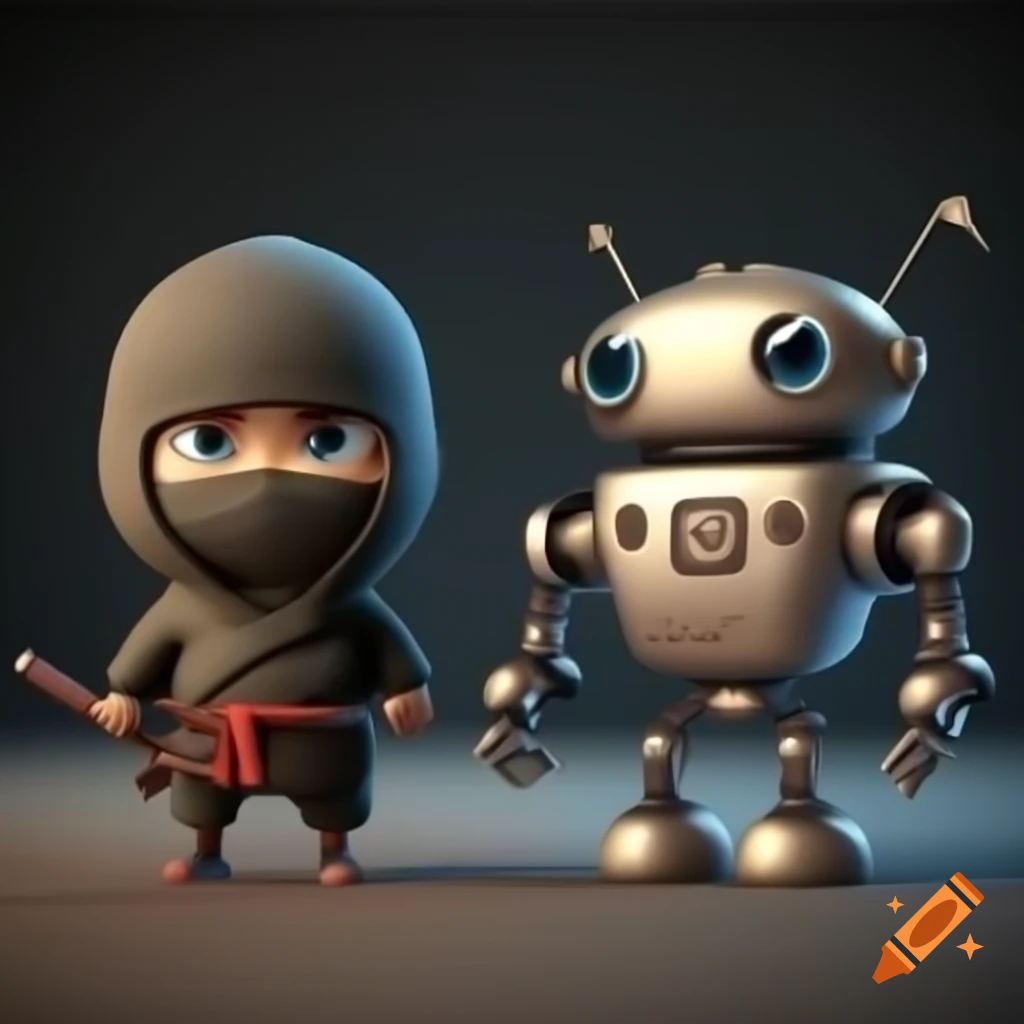 Ninja and learning robot expressing respect in 3D
