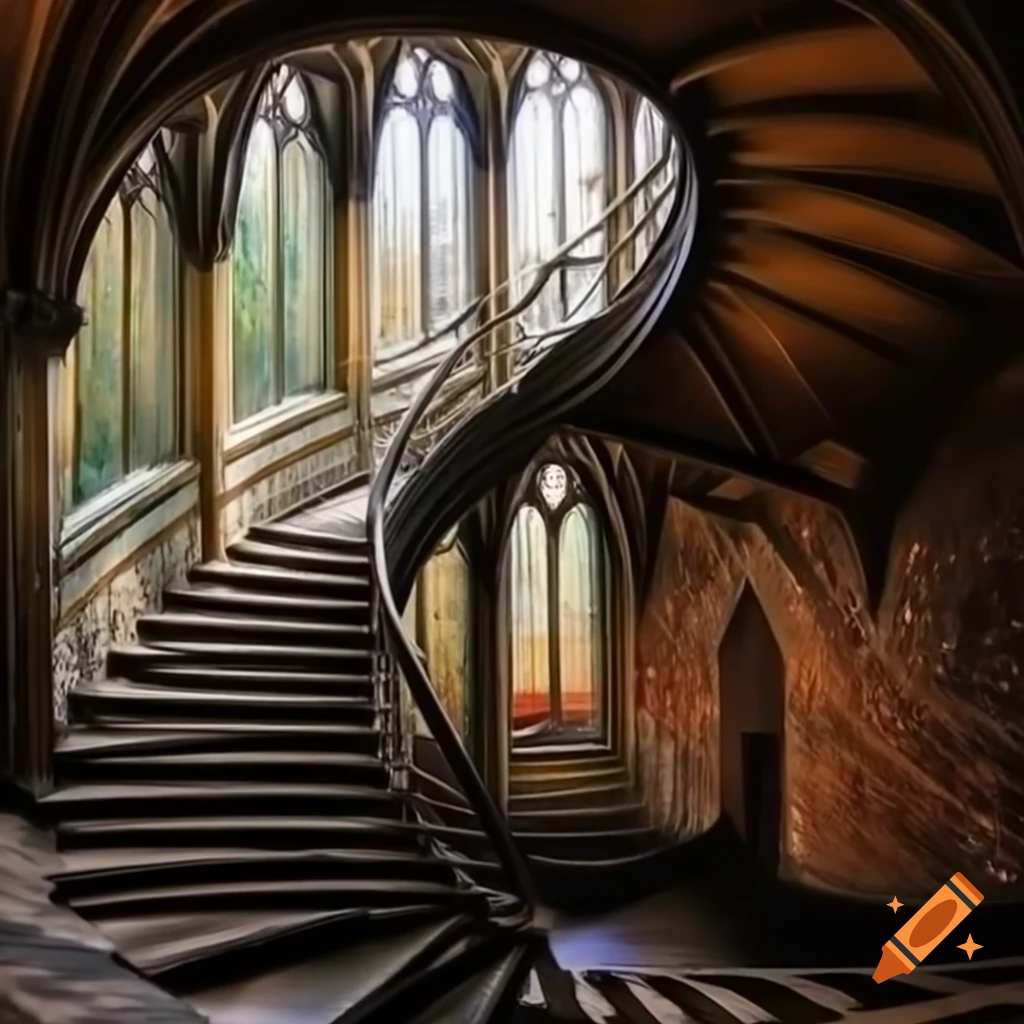 Topdown impressionist view of gothic spiral staircase forming an infinity maze