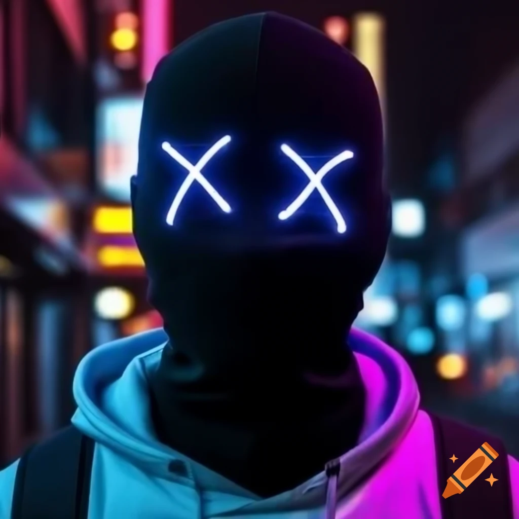 Men in balaclavas and hoodies in a neon-lit cityscape