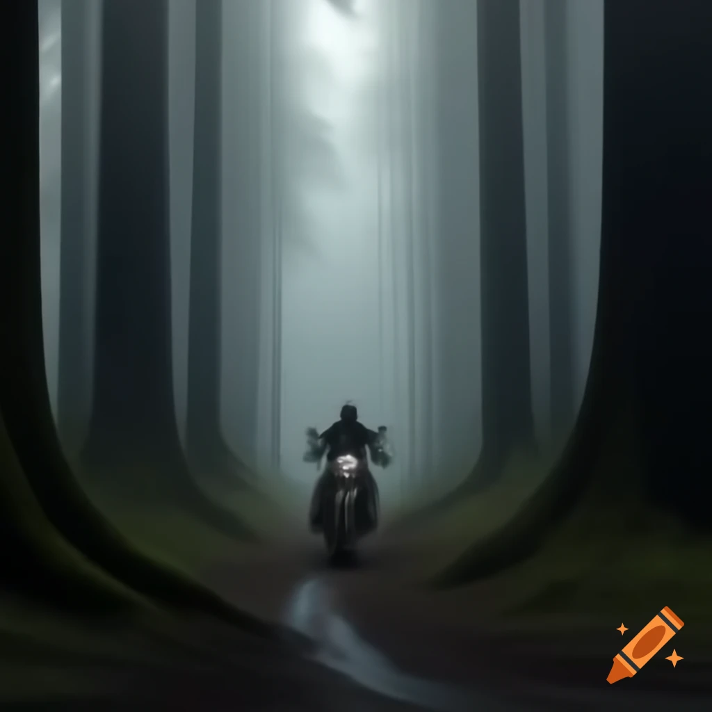Man beside motorcycle at edge of misty forest, gazing into dark trees