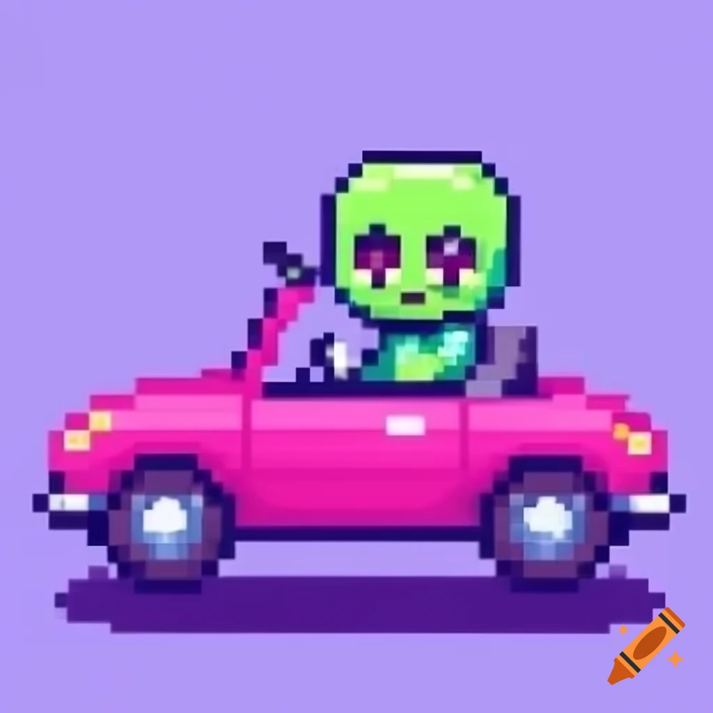 Kawaii pixel art of a zombie driving a pink car