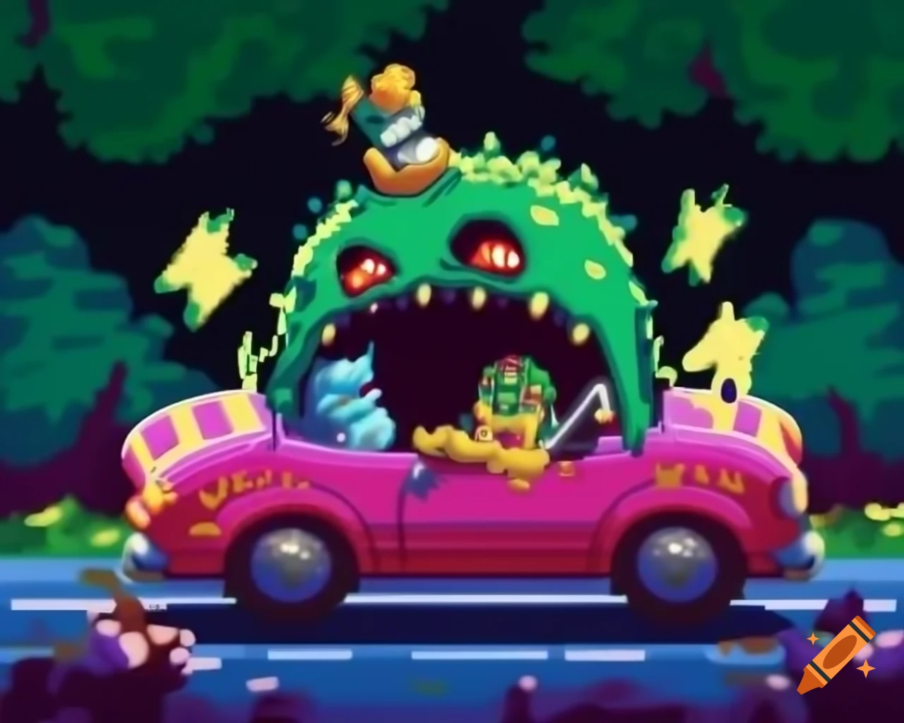 Pixel zombie with goofy eyes driving pink car on sugary digital road