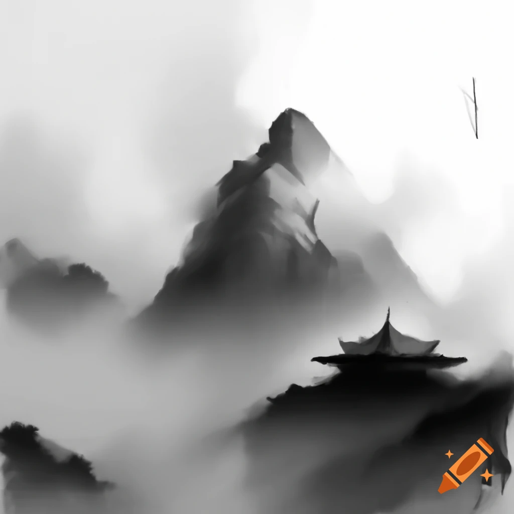 Monochrome ink painting of misty Songshan mountain featuring a small temple