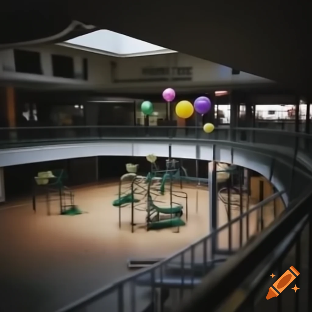 Indoor playground in empty mall center with balloons