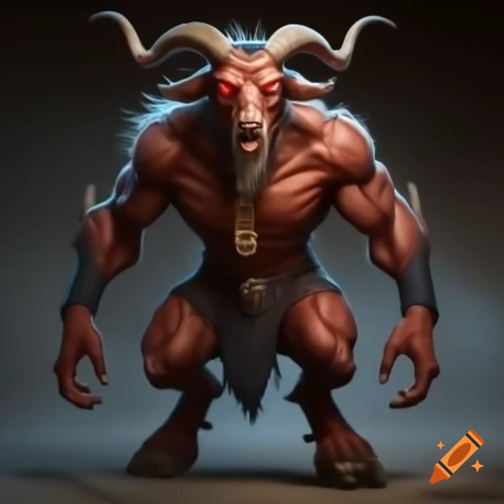 Realistic goat-headed demon with large horns and muscular physique in tennis shoes