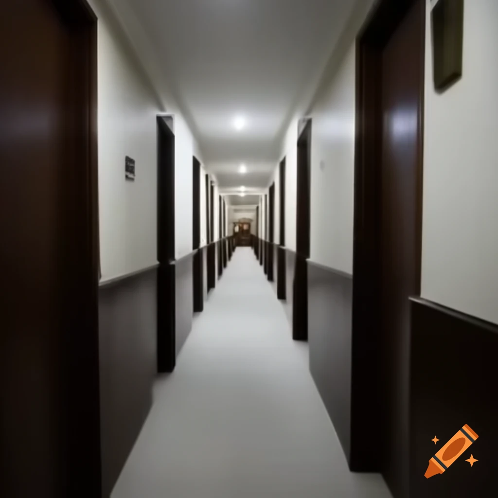Liminal space hotel hallway with white carpet and tiled walls