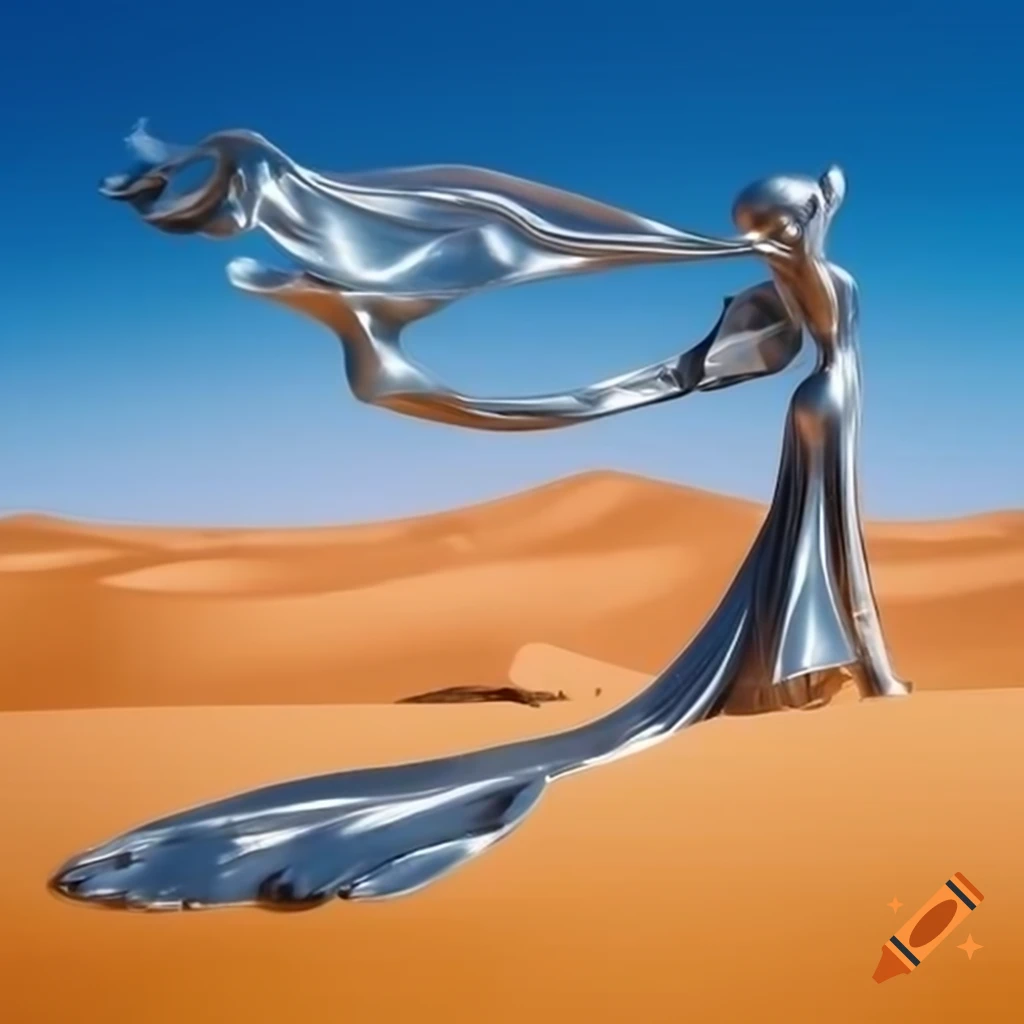 Pop surreal photography of silver statue woman in desert, 2000s style