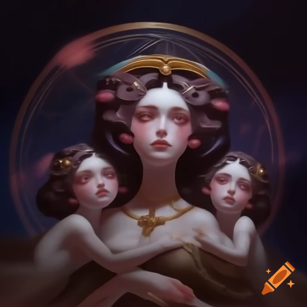 Mysterious illustration of twins in cosmic theme, inspired by Alphonse Mucha