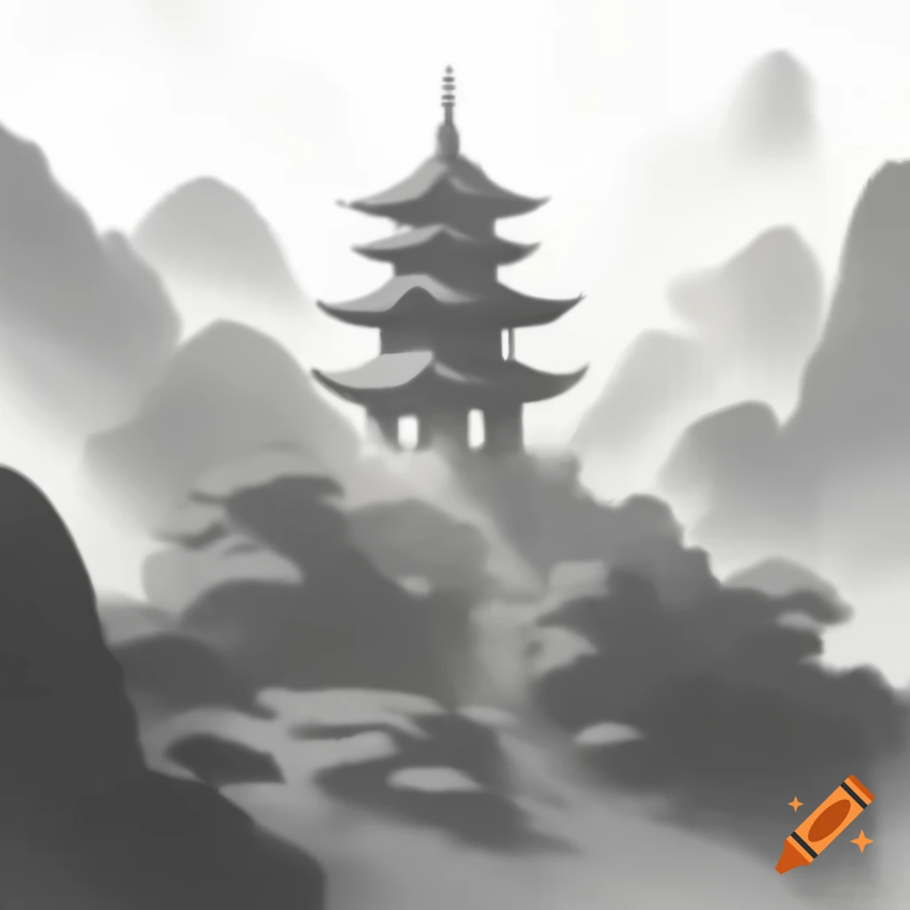 Misty monochrome ink drawing of Shaolin temple in a valley