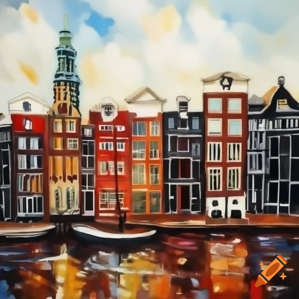 Oil painting of Amsterdam skyline